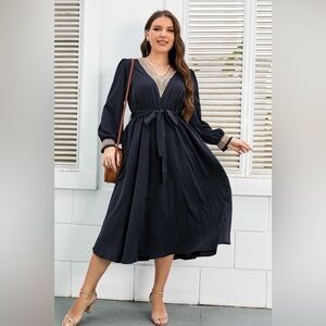 Plus Size Contrast Tie Waist Midi Dress Dark Navy
